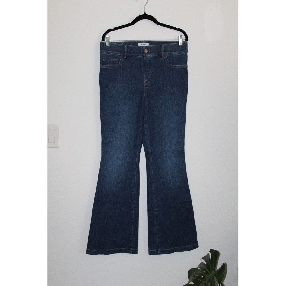 Spanx Women's Flare Jeans Dark Wash Pull On Shaping Denim Blue Size Large